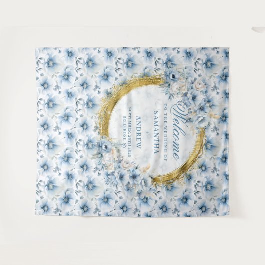 Elegante Waterverf Dusty Blue Gold Wedding Banner Wandkleed (Voorkant (horizontaal))