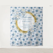 Elegante Waterverf Dusty Blue Gold Wedding Banner Wandkleed (Voorkant)