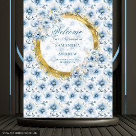 Elegante Waterverf Dusty Blue Gold Wedding Banner Wandkleed