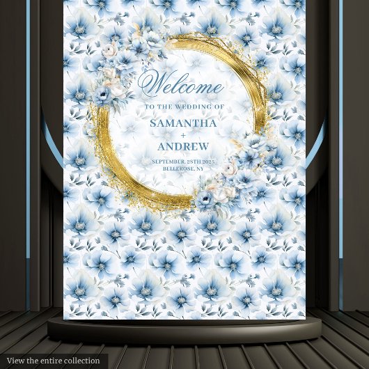 Elegante Waterverf Dusty Blue Gold Wedding Banner Wandkleed