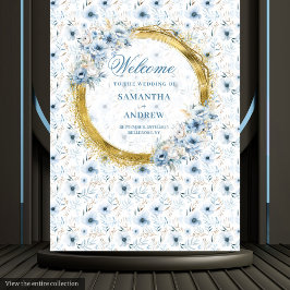 Elegante Waterverf Dusty Blue Gold Wedding Banner Wandkleed