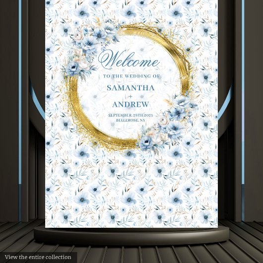 Elegante Waterverf Dusty Blue Gold Wedding Banner Wandkleed