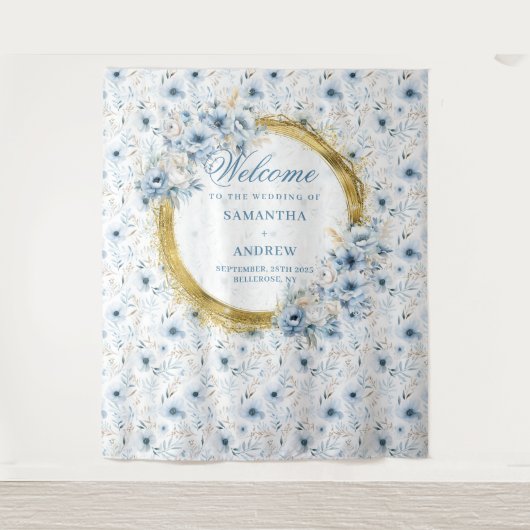 Elegante Waterverf Dusty Blue Gold Wedding Banner Wandkleed (Voorkant)