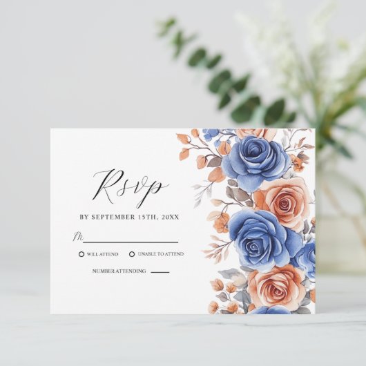 Elegante Waterverf Dusty Blue Terracotta bruiloft RSVP Kaartje (Staand voorkant)