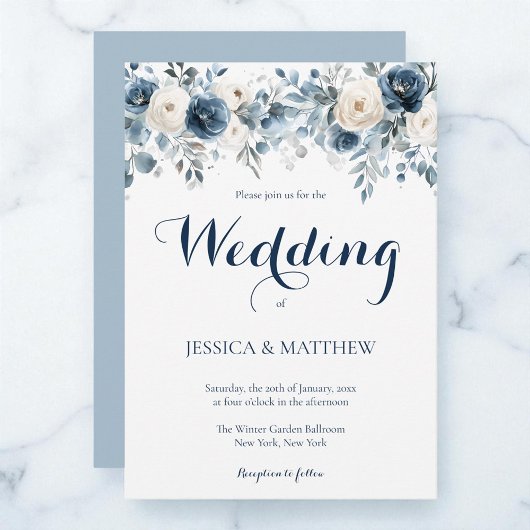 Elegante Waterverf Dusty Blue White Floral Wedding Kaart