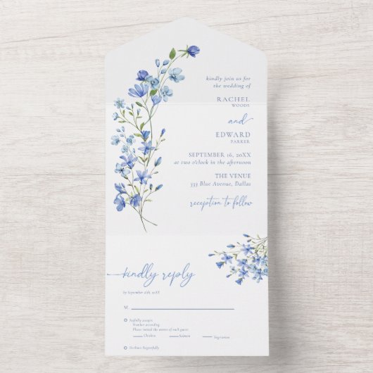 Elegante Waterverf Dusty Blue Wildflower bruiloft All In One Uitnodiging (Binnen)