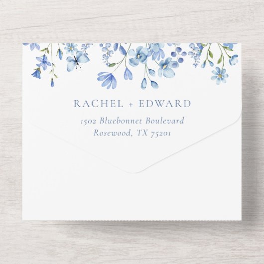 Elegante Waterverf Dusty Blue Wildflower bruiloft All In One Uitnodiging (Achterkant)
