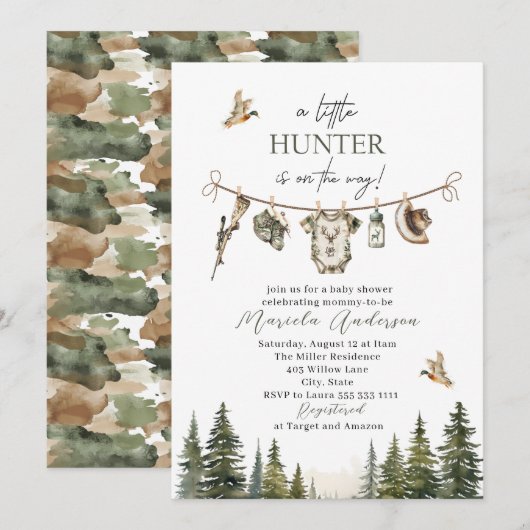 Elegante Waterverf Een beetje Hunter Baby shower Kaart (Voorkant / Achterkant)