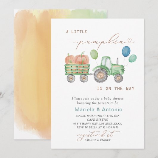 Elegante Waterverf Een beetje pompoen Baby shower Kaart (Voorkant / Achterkant)