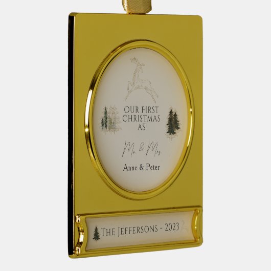 Elegante Waterverf Eerste Kerstmis Getrouwd Verguld Banner Ornament (Rechts)