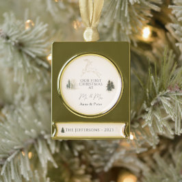 Elegante Waterverf Eerste Kerstmis Getrouwd Verguld Banner Ornament