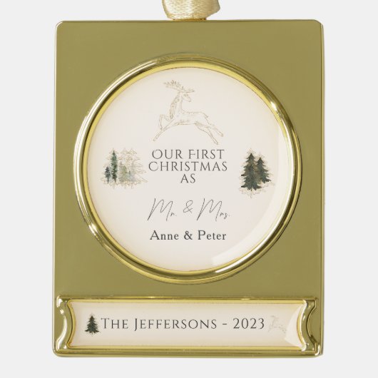 Elegante Waterverf Eerste Kerstmis Getrouwd Verguld Banner Ornament (Voorkant)