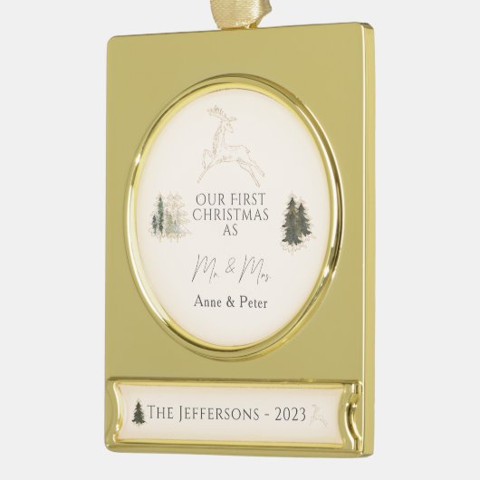 Elegante Waterverf Eerste Kerstmis Getrouwd Verguld Banner Ornament (Links)