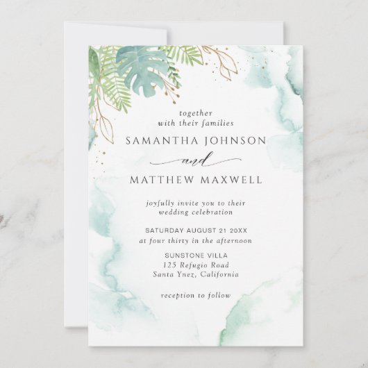 Elegante Waterverf en groen bruiloft uitnodiging (Voorkant)