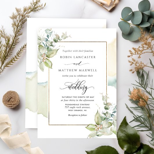 Elegante Waterverf en groen Eucalyptus Bruiloft Kaart