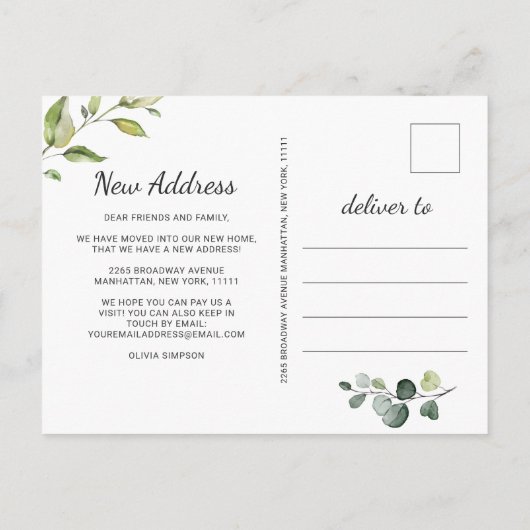 Elegante Waterverf Eucalyptus Bewegende Aankondigi Aankondigingskaart (Achterkant)