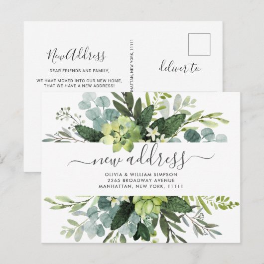 Elegante Waterverf Eucalyptus Bewegende Aankondigi Briefkaart (Voorkant / Achterkant)