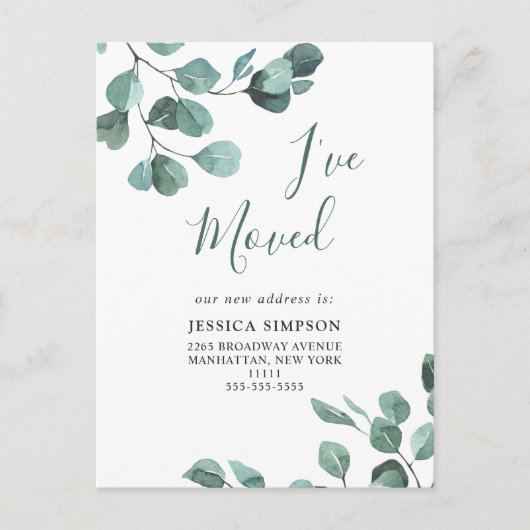 Elegante Waterverf Eucalyptus Bewegende Aankondigi Briefkaart (Voorkant)