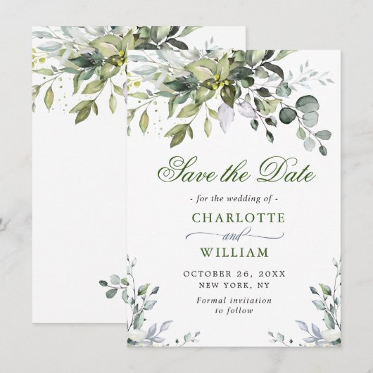 Elegante Waterverf Eucalyptus Bloemige Bruiloft Save The Date (Voorkant / Achterkant)