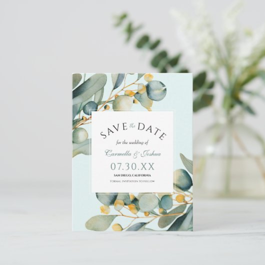 Elegante Waterverf Eucalyptus Boho Bewaar de datum Briefkaart (Staand voorkant)
