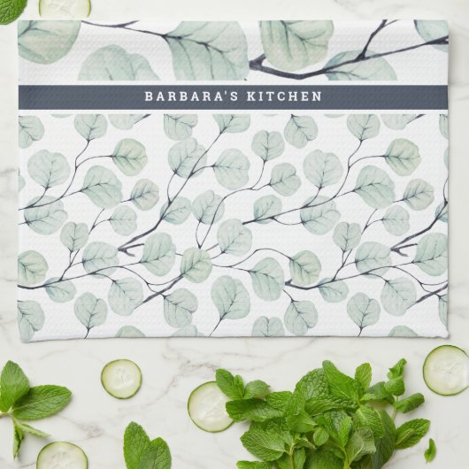 Elegante Waterverf eucalyptus botanisch monogram Theedoek (Gevouwen)