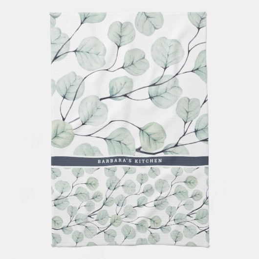 Elegante Waterverf eucalyptus botanisch monogram Theedoek (Verticaal)