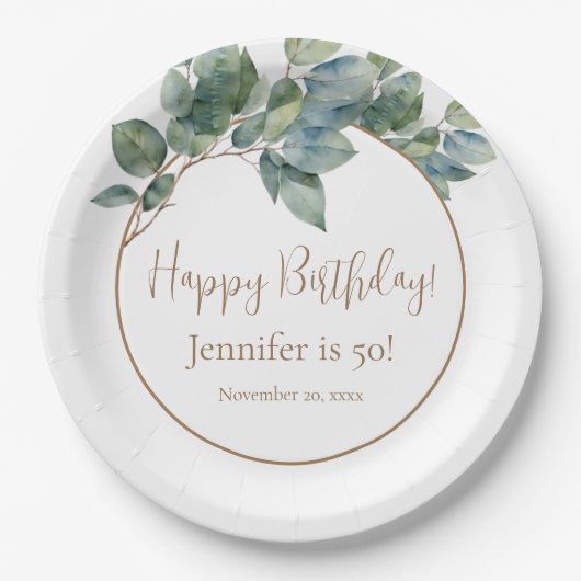 Elegante waterverf eucalyptus botanische verjaarda papieren bordje (Voorkant)