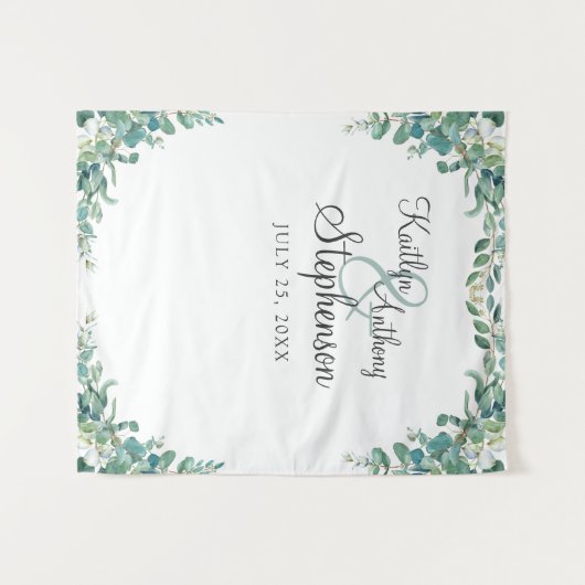 Elegante Waterverf Eucalyptus Bruiloft Foto Booth Wandkleed (Voorkant (horizontaal))