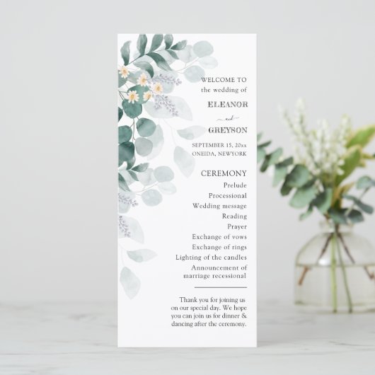 Elegante waterverf eucalyptus bruiloft programma (Staand voorkant)