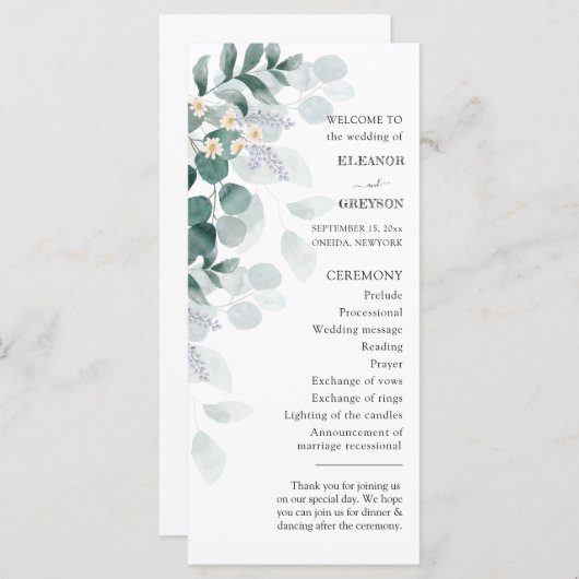 Elegante waterverf eucalyptus bruiloft programma (Voorkant / Achterkant)