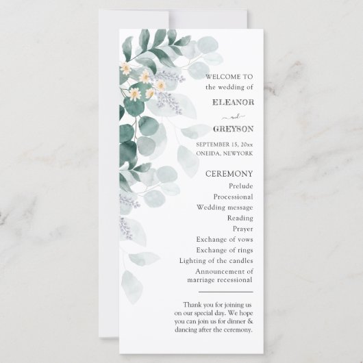 Elegante waterverf eucalyptus bruiloft programma (Voorkant)