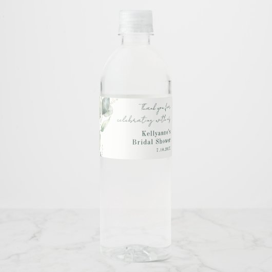 Elegante Waterverf Eucalyptus Bruiloftsdouche Cust Waterfles Etiket (Voorkant)