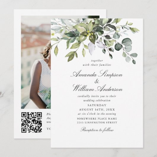 Elegante Waterverf Eucalyptus foto QR bruiloft Kaart (Voorkant / Achterkant)