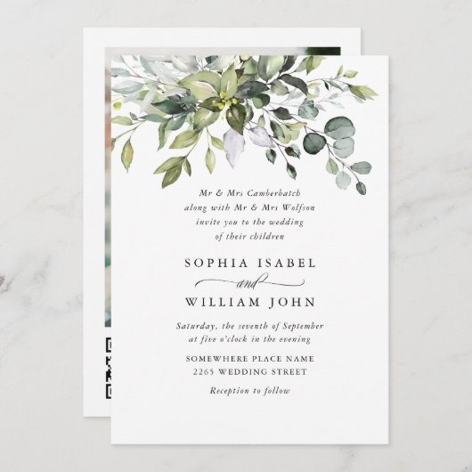 Elegante Waterverf Eucalyptus foto QR bruiloft Kaart (Voorkant / Achterkant)