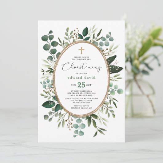 Elegante Waterverf Eucalyptus Greenery Christening Kaart (Staand voorkant)