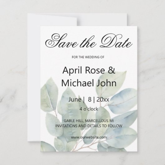 Elegante waterverf eucalyptus groen bruiloft save the date (Voorkant)