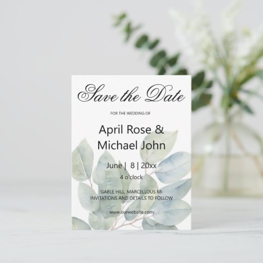 Elegante waterverf eucalyptus groen bruiloft save the date (Staand voorkant)
