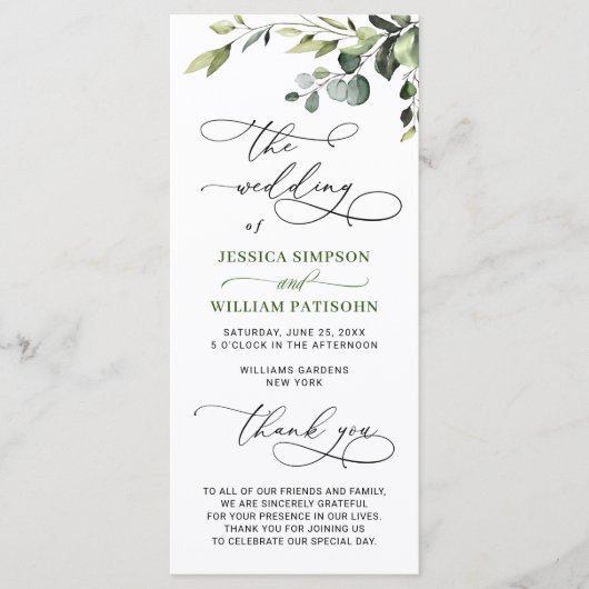 Elegante Waterverf Eucalyptus Huwelijksceremonie Programmakaart (Voorkant)