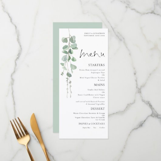 Elegante Waterverf Eucalyptus Wedding Menu (Voorkant / Achterkant in situ)
