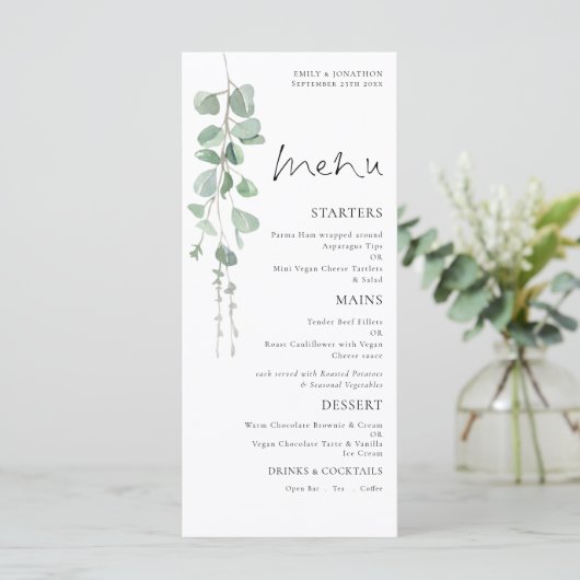 Elegante Waterverf Eucalyptus Wedding Menu (Staand voorkant)