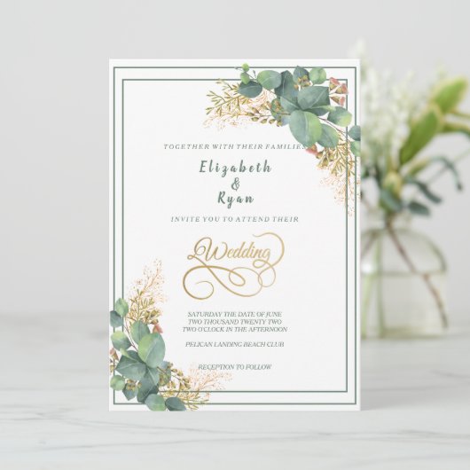 Elegante waterverf Eucalyptusplanten Gouden filigr Kaart (Staand voorkant)