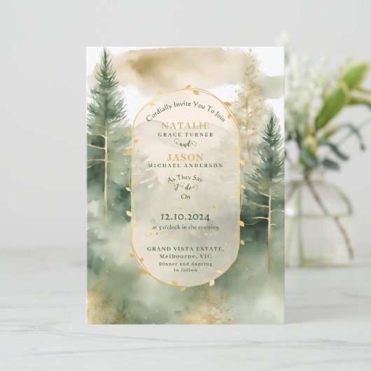 Elegante waterverf Evergreen bomen Rustiek Huwelij Kaart (Staand voorkant)