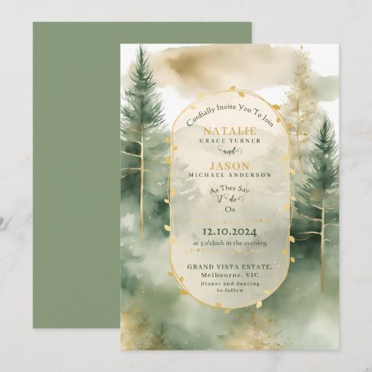 Elegante waterverf Evergreen bomen Rustiek Huwelij Kaart (Voorkant / Achterkant)