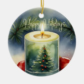 Elegante Waterverf Feestelijke Kerstboom Kaars Keramisch Ornament (Voorkant)