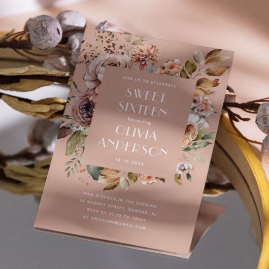 Elegante waterverf floraal bord roze Sweet 16 Kaart