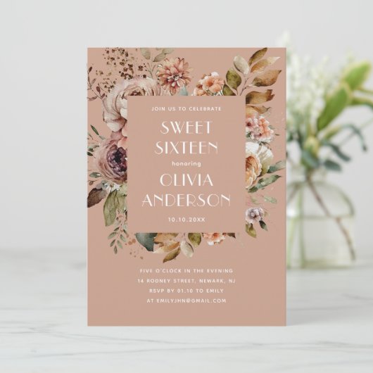 Elegante waterverf floraal bord roze Sweet 16 Kaart (Staand voorkant)