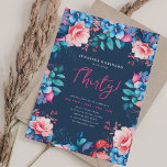 Elegante Waterverf Floral 30th Birthday Navy Kaart<br><div class="desc">Vier in stijl met onze heldere en gedurfde uitnodigingen voor het 30e verjaardagsfeestje. Draai dertig met onze prachtige waterverf bloemenuitnodigingen in blauw en roze. Bestel nu en maak van uw dertigste verjaardag een onvergetelijke!</div>