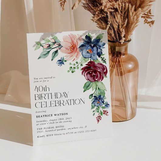 Elegante Waterverf Floral 40th Birthday Kaart