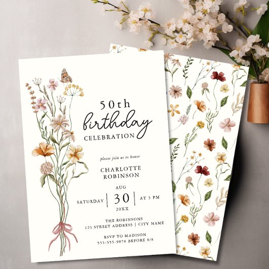 Elegante Waterverf Floral 50e Verjaardag Kaart