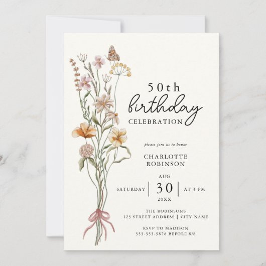 Elegante Waterverf Floral 50e Verjaardag Kaart (Voorkant)